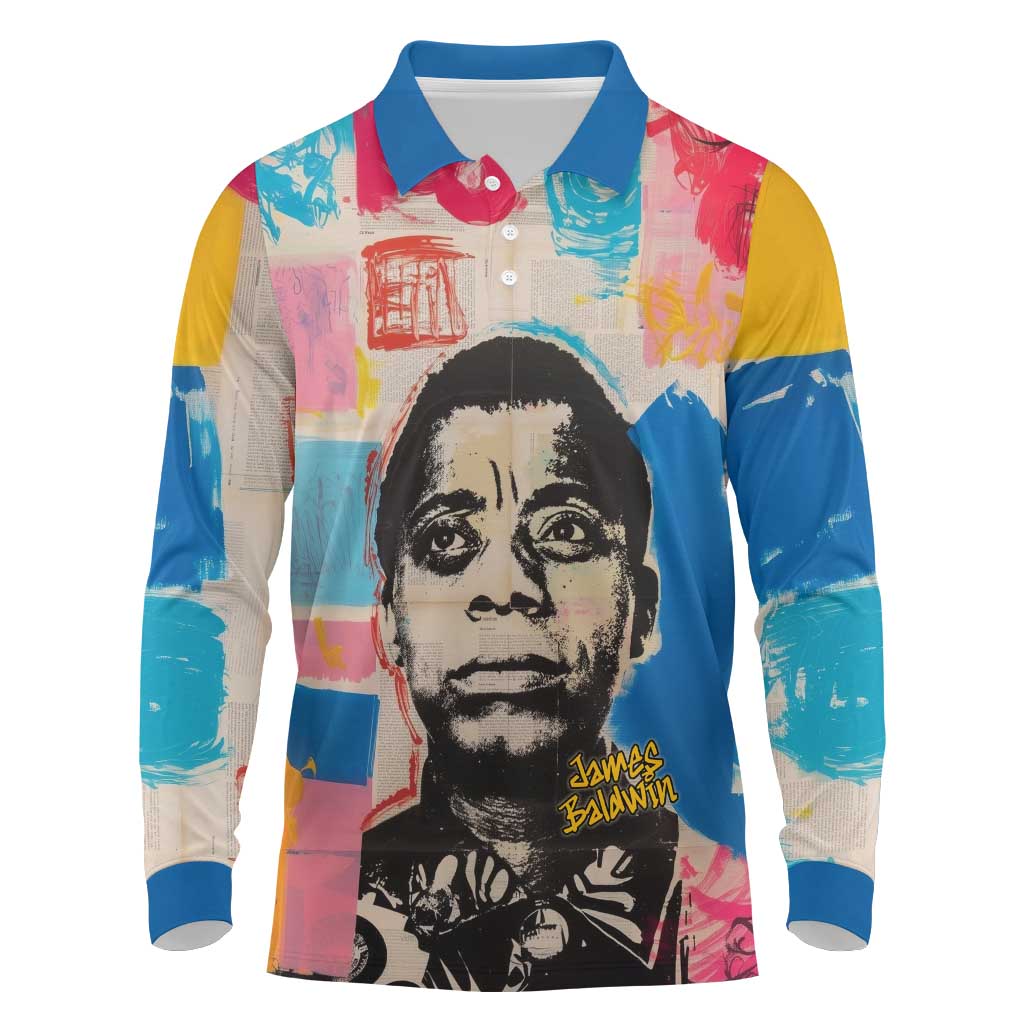 James Baldwin Long Sleeve Polo Shirt Colorful Graffiti Style Portrait The Fire Next Time Text Bold Civil Rights Tribute - African Pride