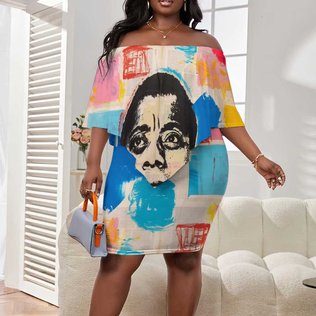 James Baldwin Off Shoulder Short Dress Colorful Graffiti Style Portrait The Fire Next Time Text Bold Civil Rights Tribute - African Pride