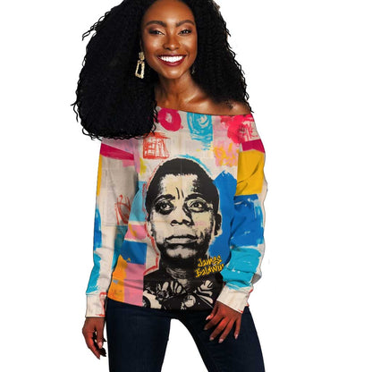 James Baldwin Off Shoulder Sweater Colorful Graffiti Style Portrait The Fire Next Time Text Bold Civil Rights Tribute - African Pride