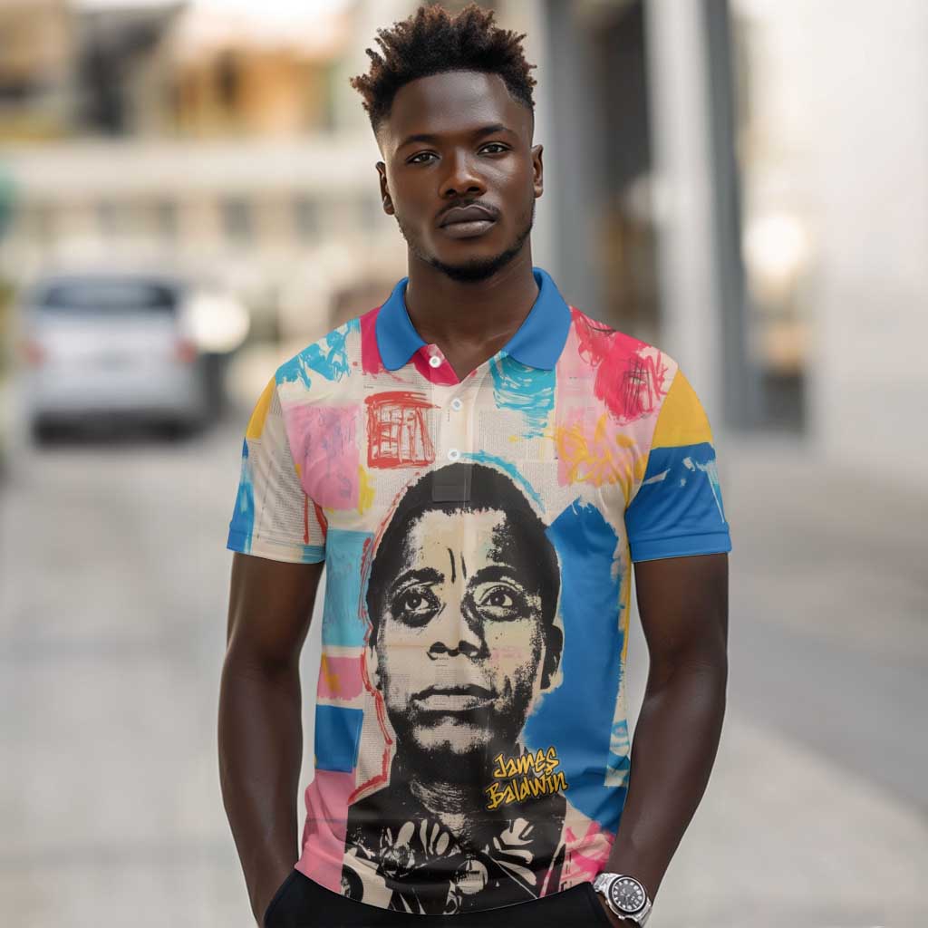 James Baldwin Polo Shirt Colorful Graffiti Style Portrait The Fire Next Time Text Bold Civil Rights Tribute TS04