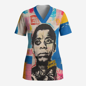James Baldwin Scrub Top Colorful Graffiti Style Portrait The Fire Next Time Text Bold Civil Rights Tribute - African Pride