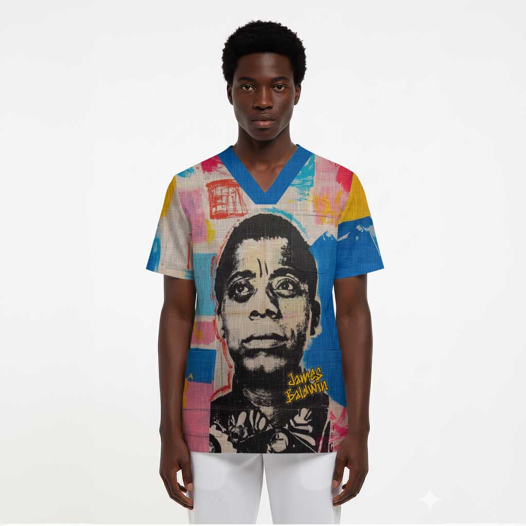 James Baldwin Scrub Top Colorful Graffiti Style Portrait The Fire Next Time Text Bold Civil Rights Tribute - African Pride