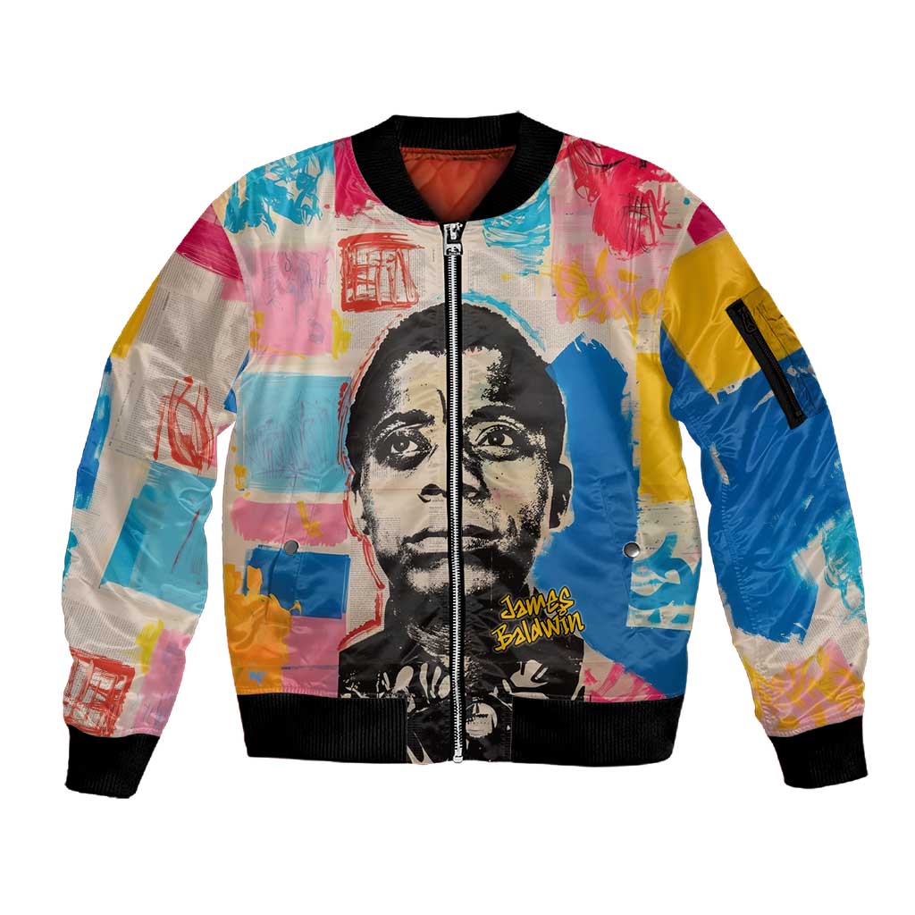 James Baldwin Sleeve Zip Bomber Jacket Colorful Graffiti Style Portrait The Fire Next Time Text Bold Civil Rights Tribute - African Pride