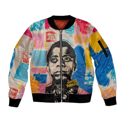 James Baldwin Sleeve Zip Bomber Jacket Colorful Graffiti Style Portrait The Fire Next Time Text Bold Civil Rights Tribute - African Pride