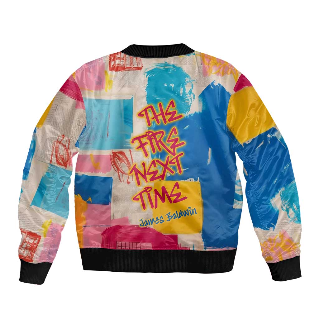 James Baldwin Sleeve Zip Bomber Jacket Colorful Graffiti Style Portrait The Fire Next Time Text Bold Civil Rights Tribute - African Pride