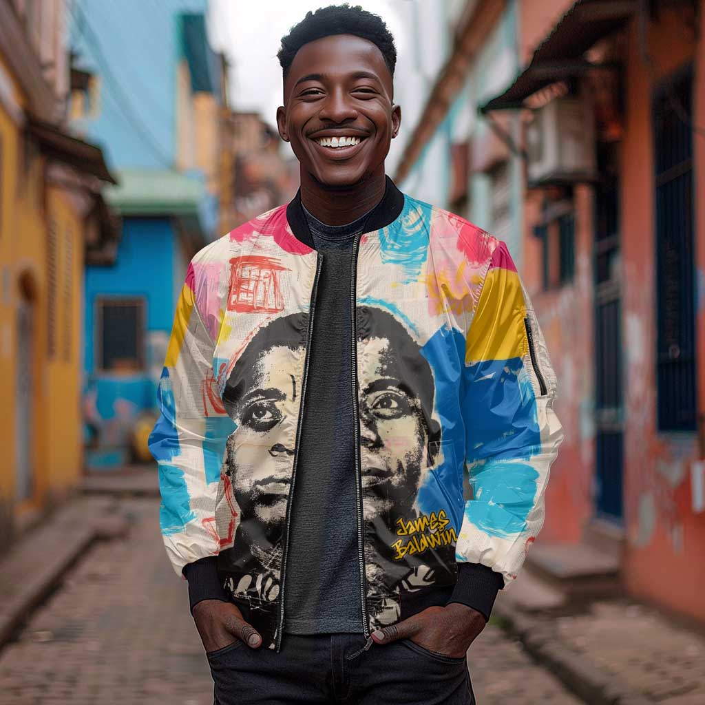 James Baldwin Sleeve Zip Bomber Jacket Colorful Graffiti Style Portrait The Fire Next Time Text Bold Civil Rights Tribute - African Pride