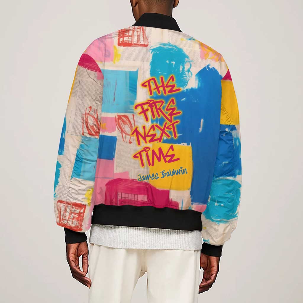 James Baldwin Sleeve Zip Bomber Jacket Colorful Graffiti Style Portrait The Fire Next Time Text Bold Civil Rights Tribute - African Pride