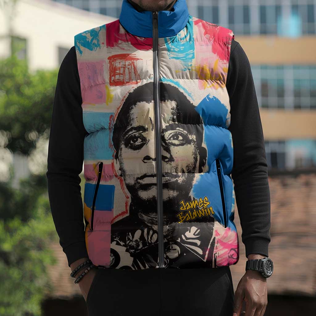 James Baldwin Sleeveless Puffer Jacket Colorful Graffiti Style Portrait The Fire Next Time Text Bold Civil Rights Tribute - African Pride