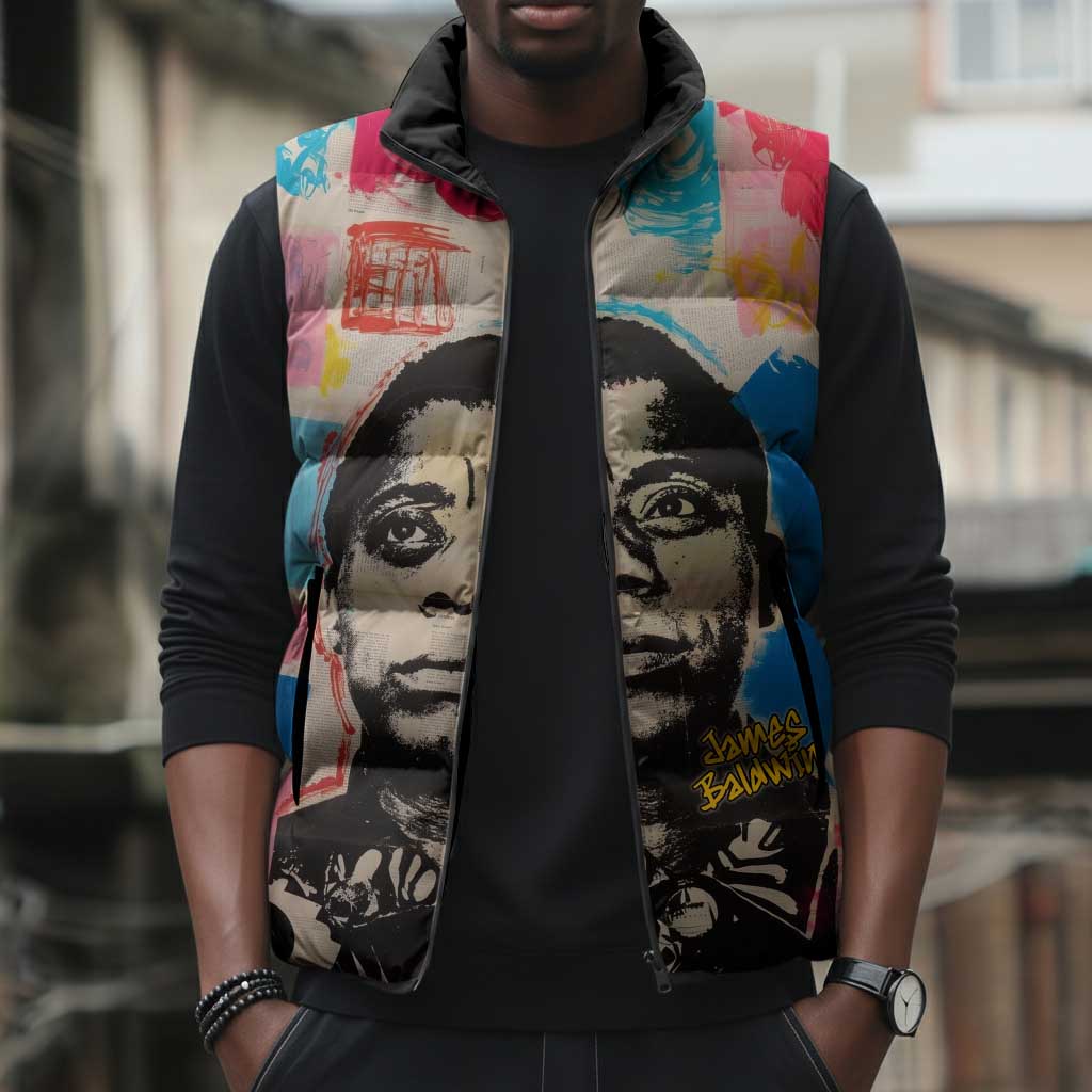 James Baldwin Sleeveless Puffer Jacket Colorful Graffiti Style Portrait The Fire Next Time Text Bold Civil Rights Tribute - African Pride