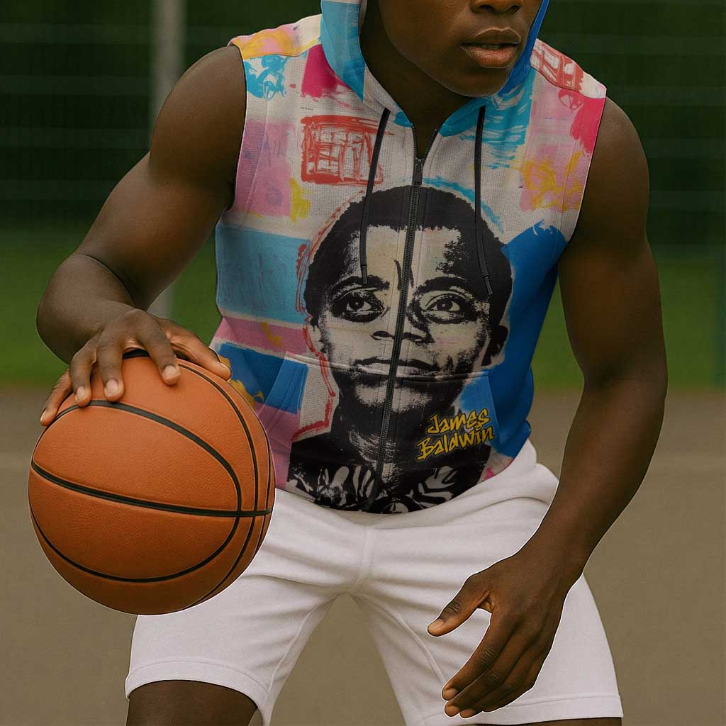 James Baldwin Sleeveless Zip Hoodie Colorful Graffiti Style Portrait The Fire Next Time Text Bold Civil Rights Tribute - African Pride