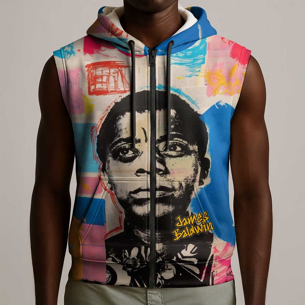 James Baldwin Sleeveless Zip Hoodie Colorful Graffiti Style Portrait The Fire Next Time Text Bold Civil Rights Tribute - African Pride