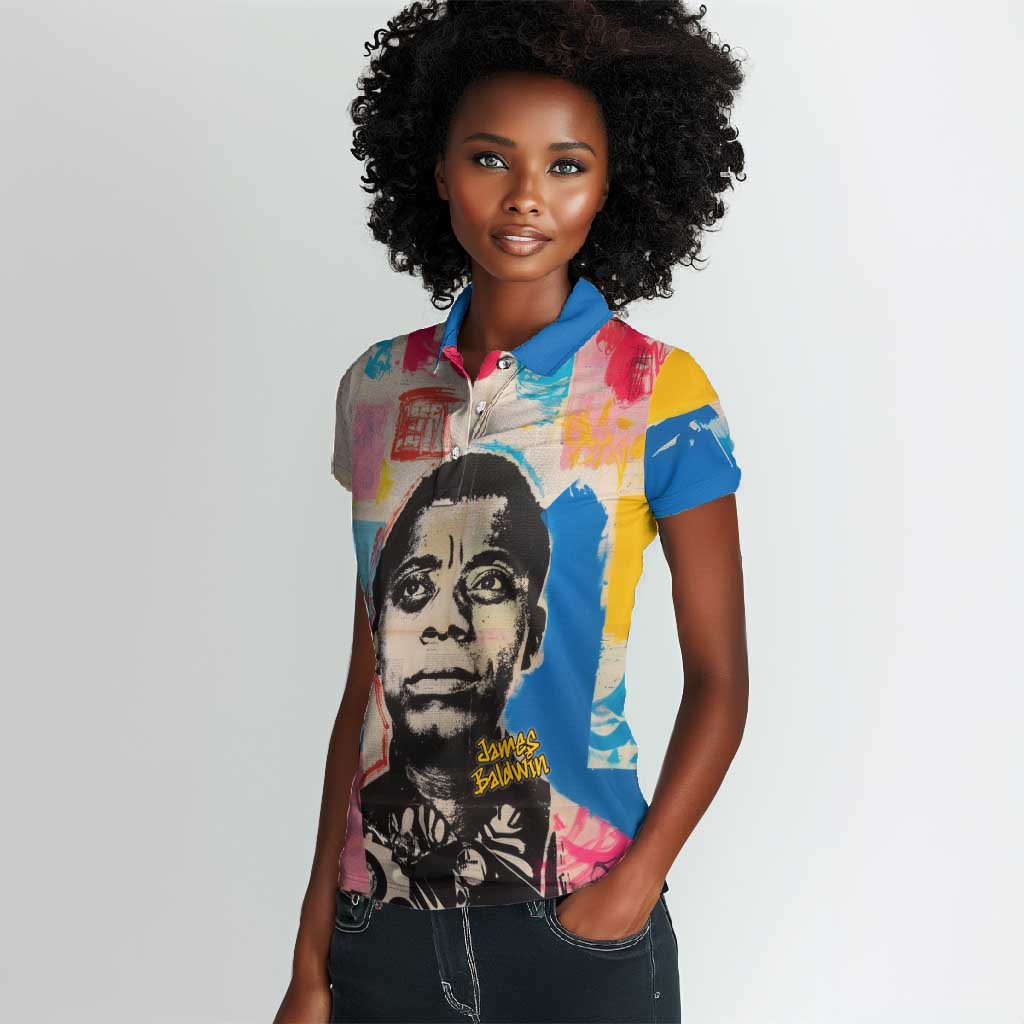 James Baldwin Women Polo Shirt Colorful Graffiti Style Portrait The Fire Next Time Text Bold Civil Rights Tribute TS04