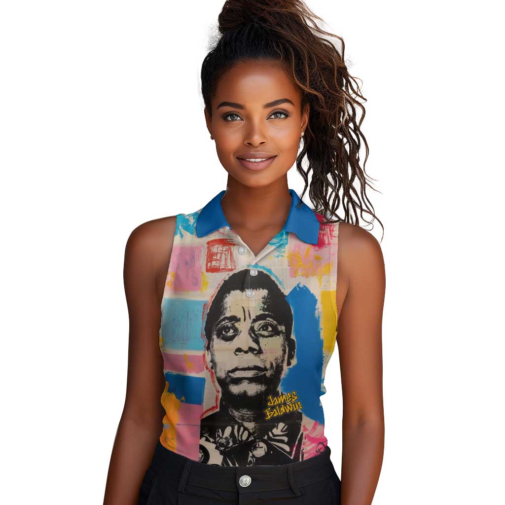 James Baldwin Women Sleeveless Polo Shirt Colorful Graffiti Style Portrait The Fire Next Time Text Bold Civil Rights Tribute - African Pride