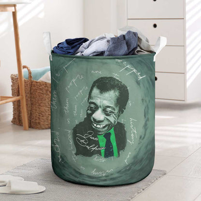 James Baldwin Laundry Basket Green Handwritten Script Design Smiling Portrait Civil Rights and Literature - African Pride