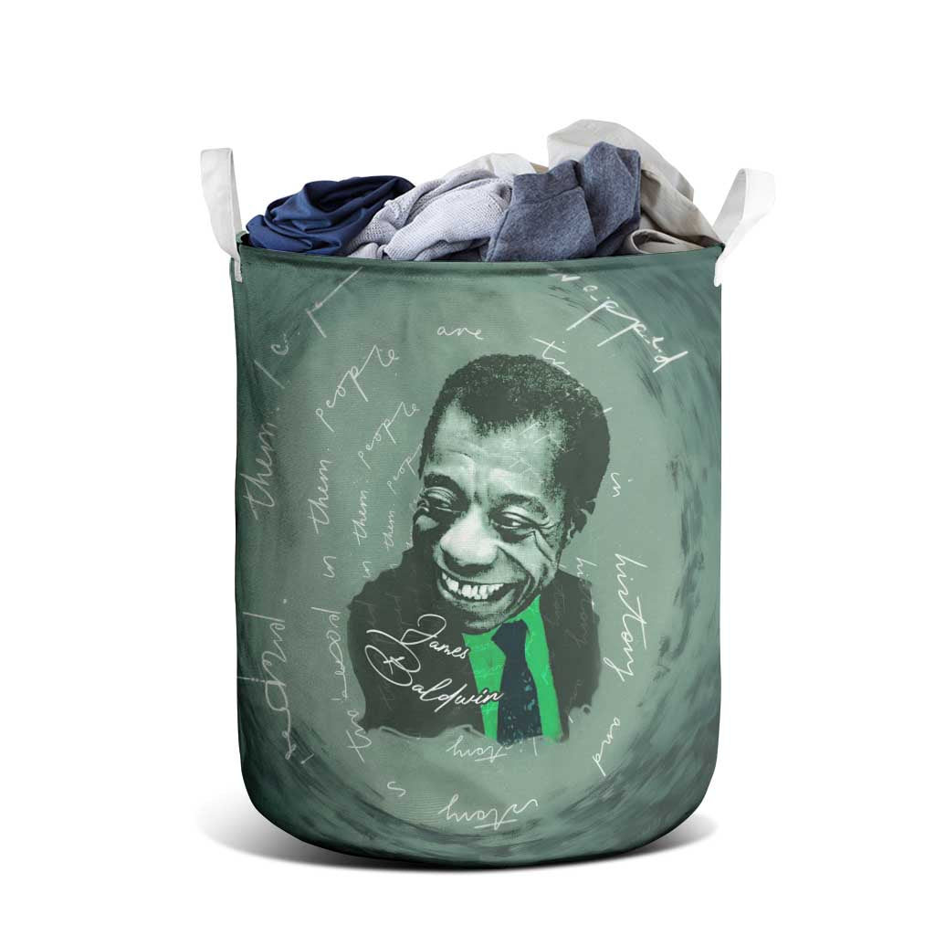 James Baldwin Laundry Basket Green Handwritten Script Design Smiling Portrait Civil Rights and Literature - African Pride