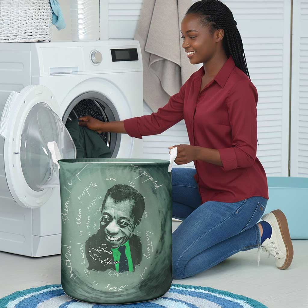James Baldwin Laundry Basket Green Handwritten Script Design Smiling Portrait Civil Rights and Literature - African Pride