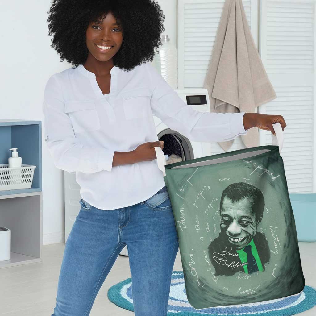James Baldwin Laundry Basket Green Handwritten Script Design Smiling Portrait Civil Rights and Literature - African Pride