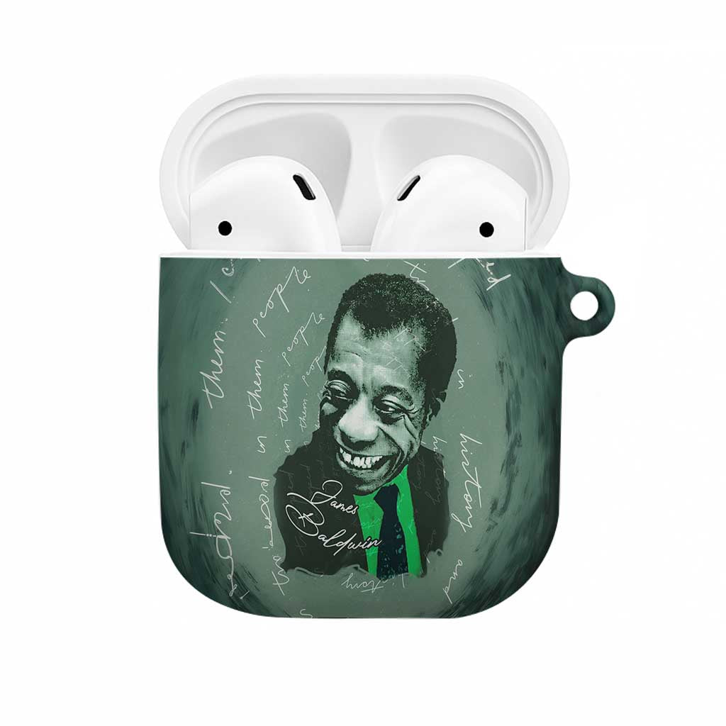James Baldwin AirPods Case Green Handwritten Script Design Smiling Portrait Civil Rights and Literature - African Pride