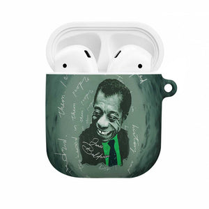 James Baldwin AirPods Case Green Handwritten Script Design Smiling Portrait Civil Rights and Literature - African Pride