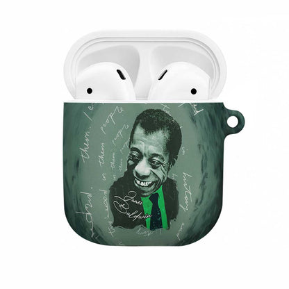 James Baldwin AirPods Case Green Handwritten Script Design Smiling Portrait Civil Rights and Literature - African Pride
