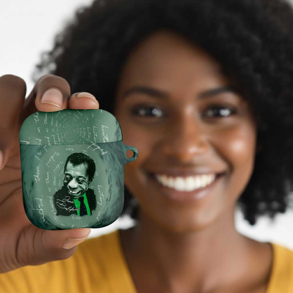 James Baldwin AirPods Case Green Handwritten Script Design Smiling Portrait Civil Rights and Literature - African Pride