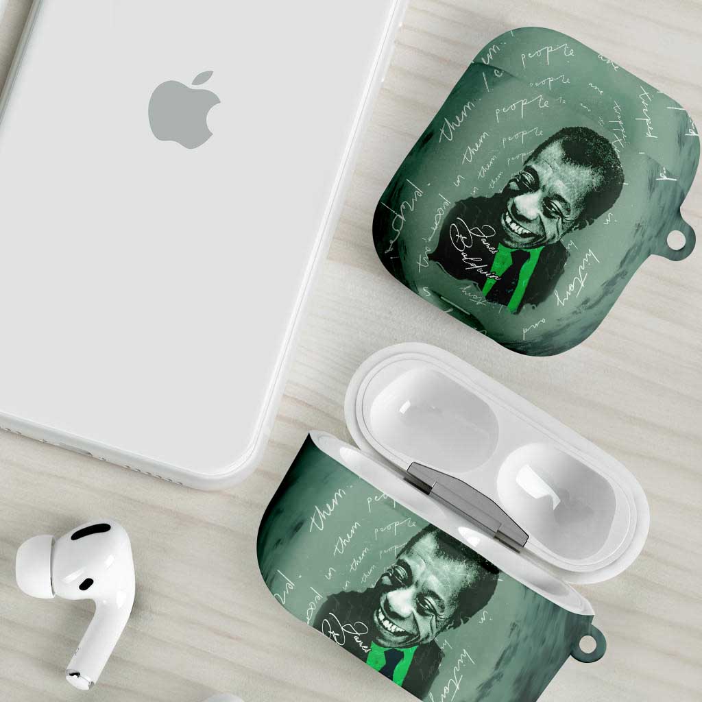 James Baldwin AirPods Case Green Handwritten Script Design Smiling Portrait Civil Rights and Literature - African Pride