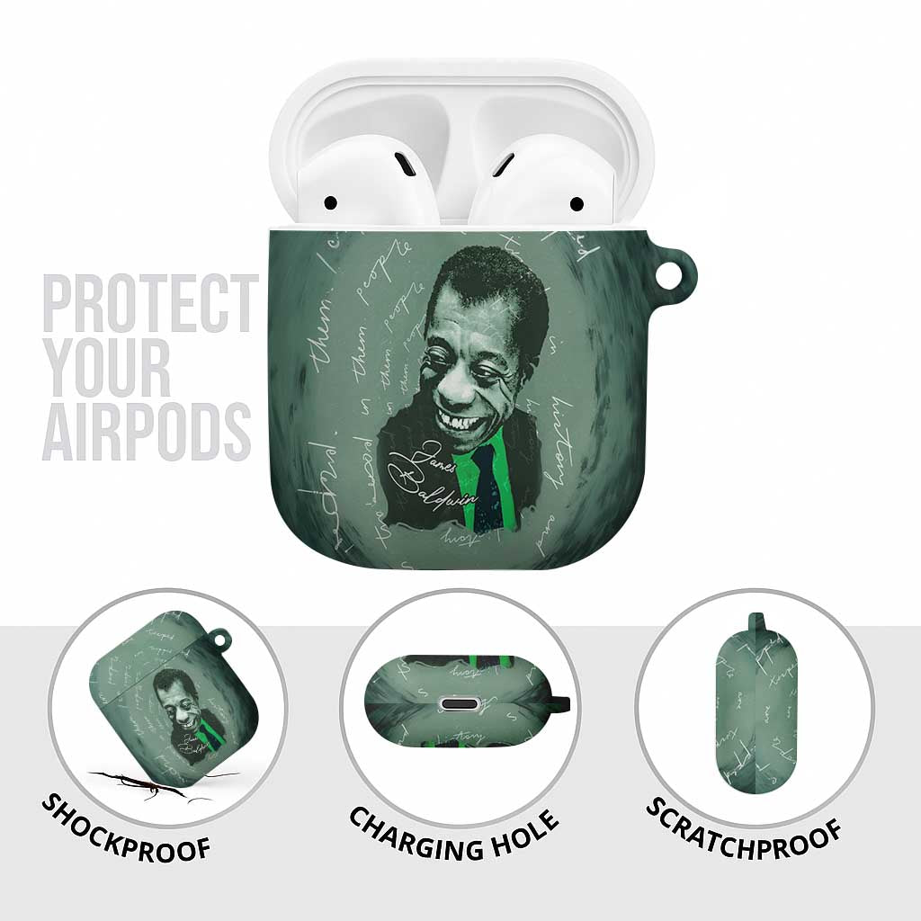 James Baldwin AirPods Case Green Handwritten Script Design Smiling Portrait Civil Rights and Literature - African Pride