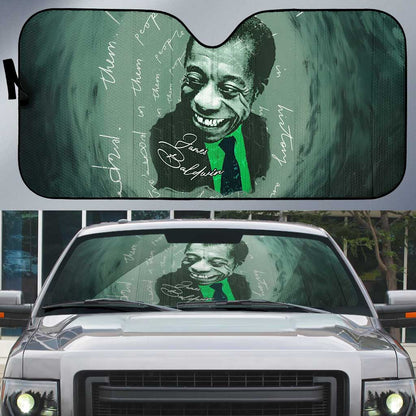 James Baldwin Auto Sun Shade Green Handwritten Script Design Smiling Portrait Civil Rights and Literature - African Pride