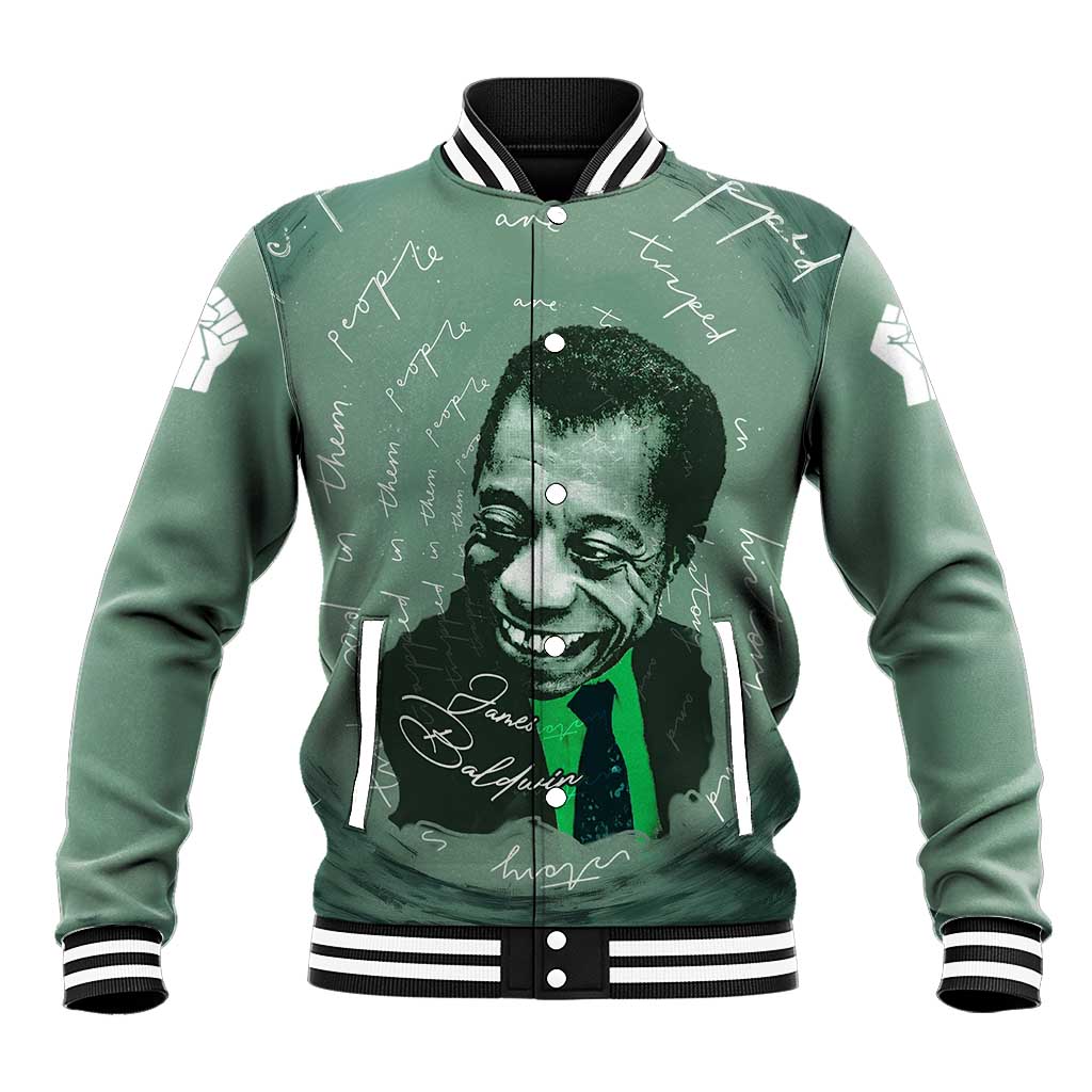 James Baldwin Baseball Jacket Green Handwritten Script Design Smiling Portrait Civil Rights and Literature - African Pride