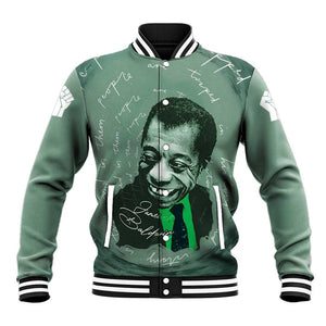 James Baldwin Baseball Jacket Green Handwritten Script Design Smiling Portrait Civil Rights and Literature - African Pride