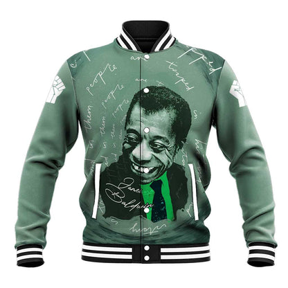 James Baldwin Baseball Jacket Green Handwritten Script Design Smiling Portrait Civil Rights and Literature - African Pride