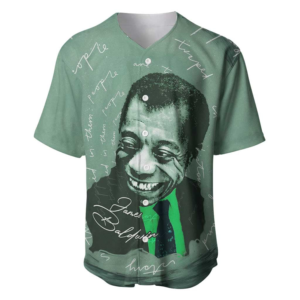 James Baldwin Baseball Jersey Green Handwritten Script Design Smiling Portrait Civil Rights and Literature TS04