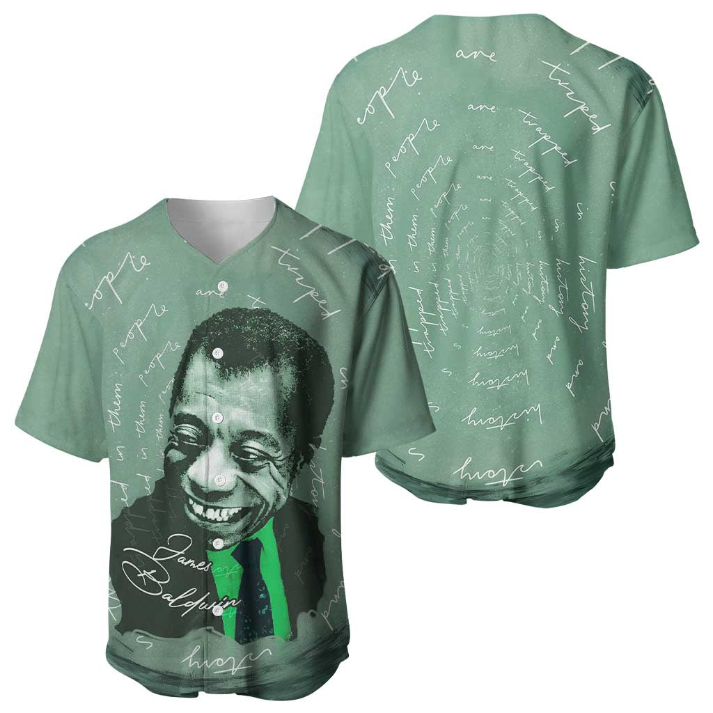 James Baldwin Baseball Jersey Green Handwritten Script Design Smiling Portrait Civil Rights and Literature TS04