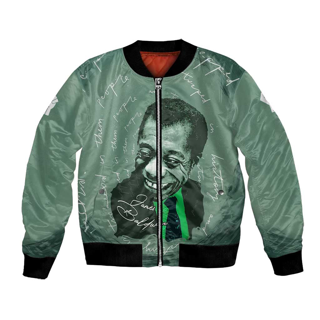 James Baldwin Bomber Jacket Green Handwritten Script Design Smiling Portrait Civil Rights and Literature - African Pride