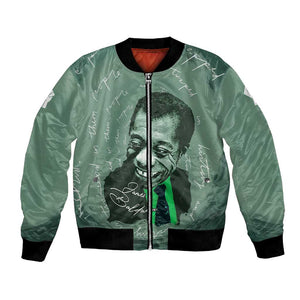 James Baldwin Bomber Jacket Green Handwritten Script Design Smiling Portrait Civil Rights and Literature - African Pride