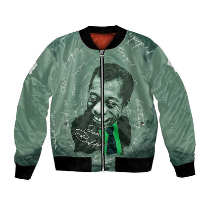 James Baldwin Bomber Jacket Green Handwritten Script Design Smiling Portrait Civil Rights and Literature - African Pride