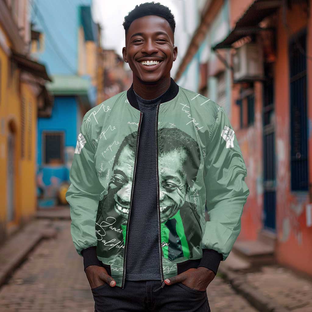 James Baldwin Bomber Jacket Green Handwritten Script Design Smiling Portrait Civil Rights and Literature - African Pride
