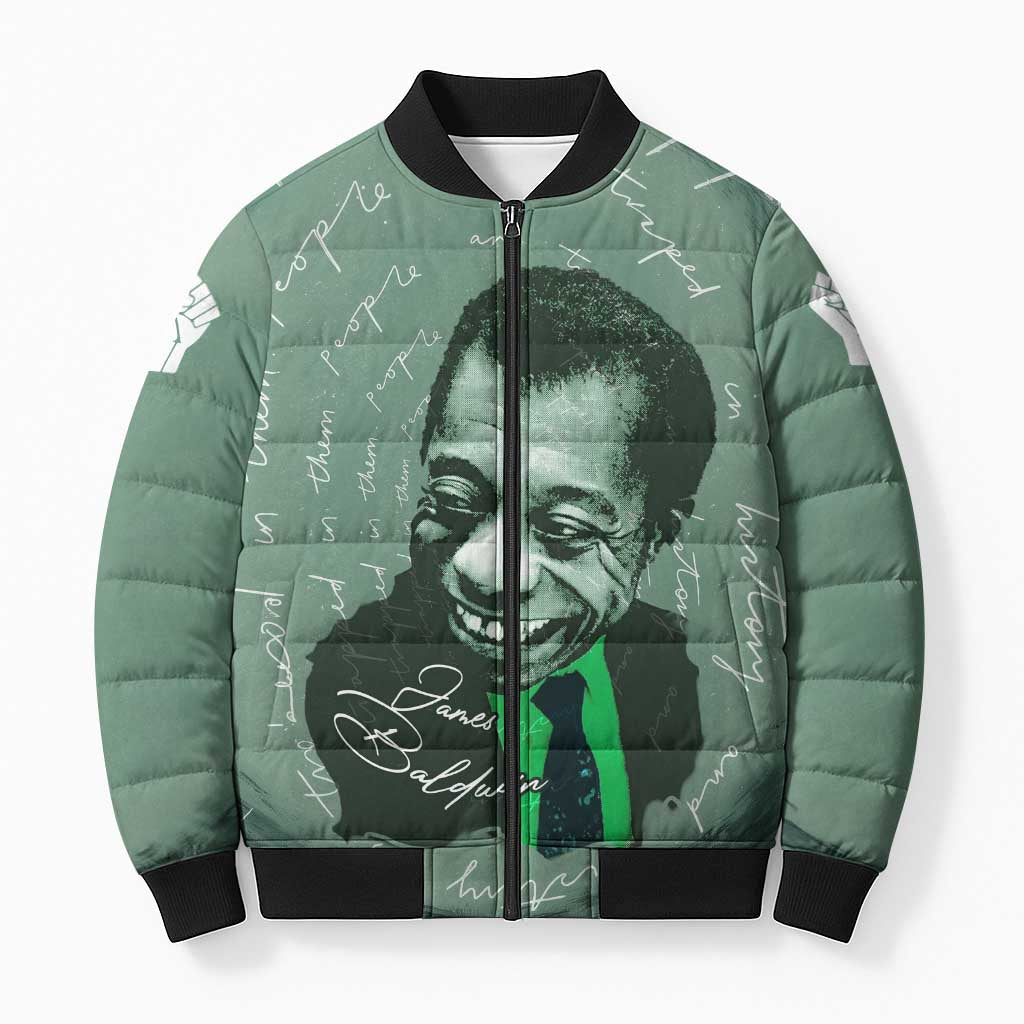 James Baldwin Bomber Puffer Jacket Green Handwritten Script Design Smiling Portrait Civil Rights and Literature - African Pride