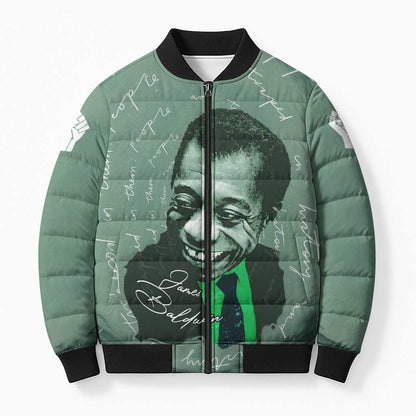 James Baldwin Bomber Puffer Jacket Green Handwritten Script Design Smiling Portrait Civil Rights and Literature - African Pride