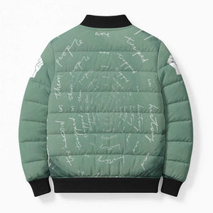 James Baldwin Bomber Puffer Jacket Green Handwritten Script Design Smiling Portrait Civil Rights and Literature - African Pride