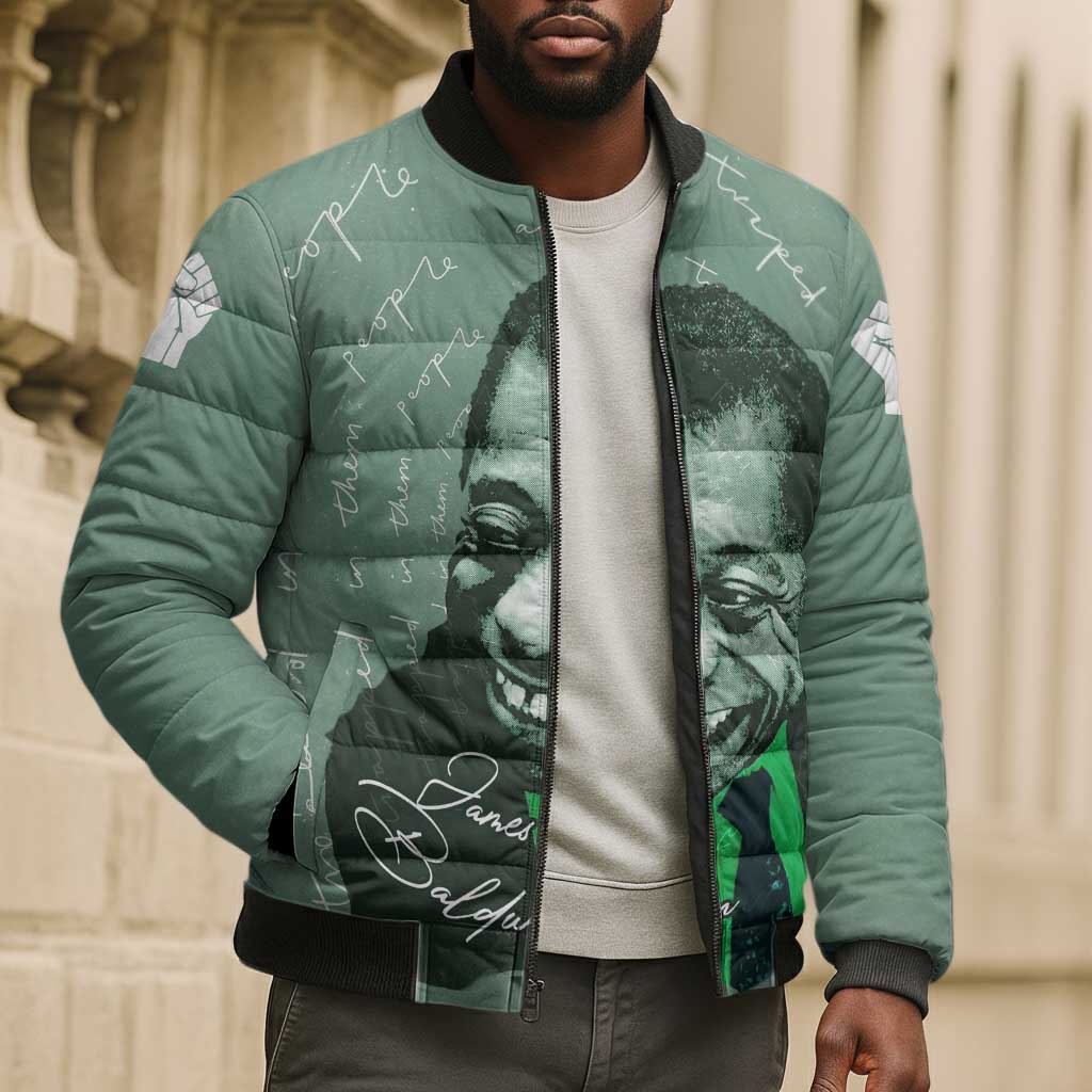 James Baldwin Bomber Puffer Jacket Green Handwritten Script Design Smiling Portrait Civil Rights and Literature - African Pride