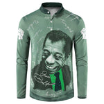 James Baldwin Button Sweatshirt Green Handwritten Script Design Smiling Portrait Civil Rights and Literature