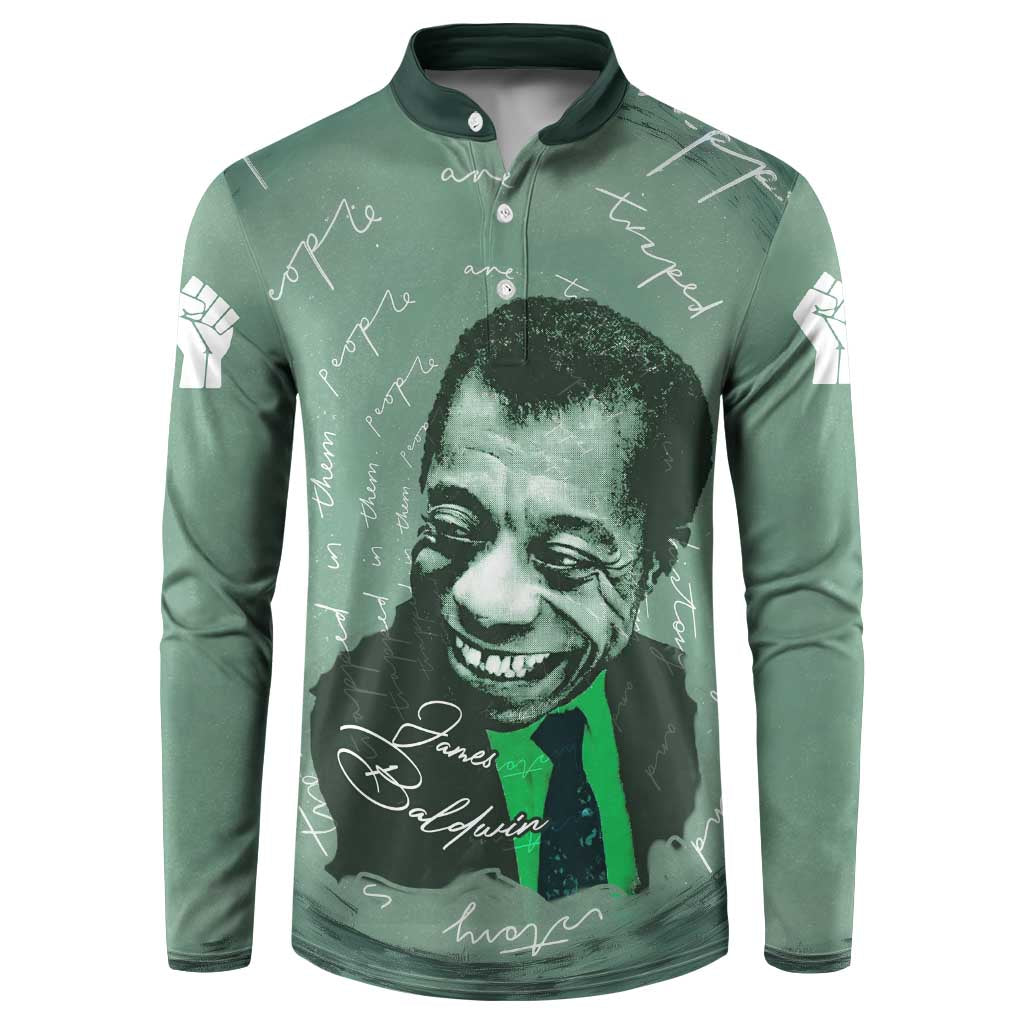James Baldwin Button Sweatshirt Green Handwritten Script Design Smiling Portrait Civil Rights and Literature