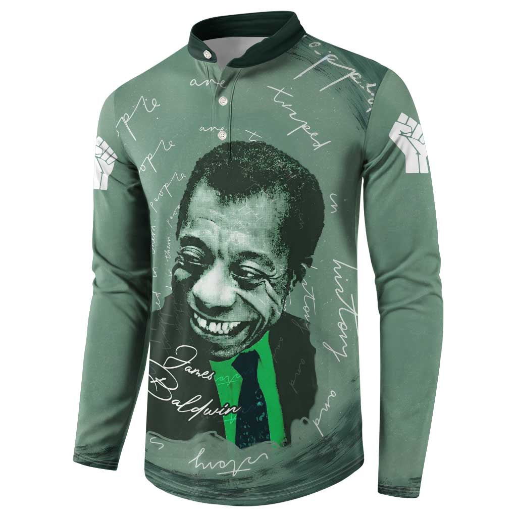 James Baldwin Button Sweatshirt Green Handwritten Script Design Smiling Portrait Civil Rights and Literature