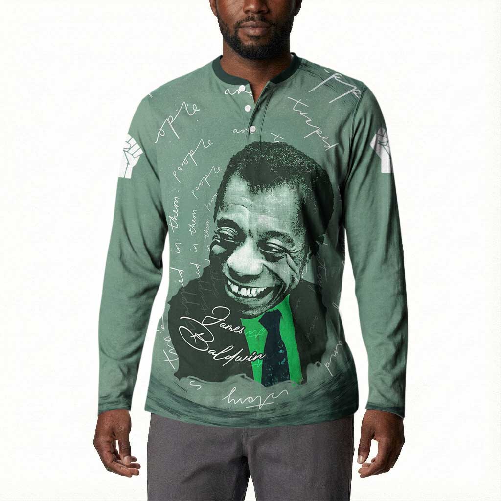 James Baldwin Button Sweatshirt Green Handwritten Script Design Smiling Portrait Civil Rights and Literature