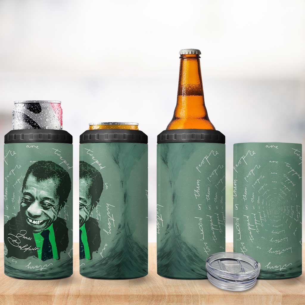 James Baldwin 4 in 1 Can Cooler Tumbler Green Handwritten Script Design Smiling Portrait Civil Rights and Literature - African Pride