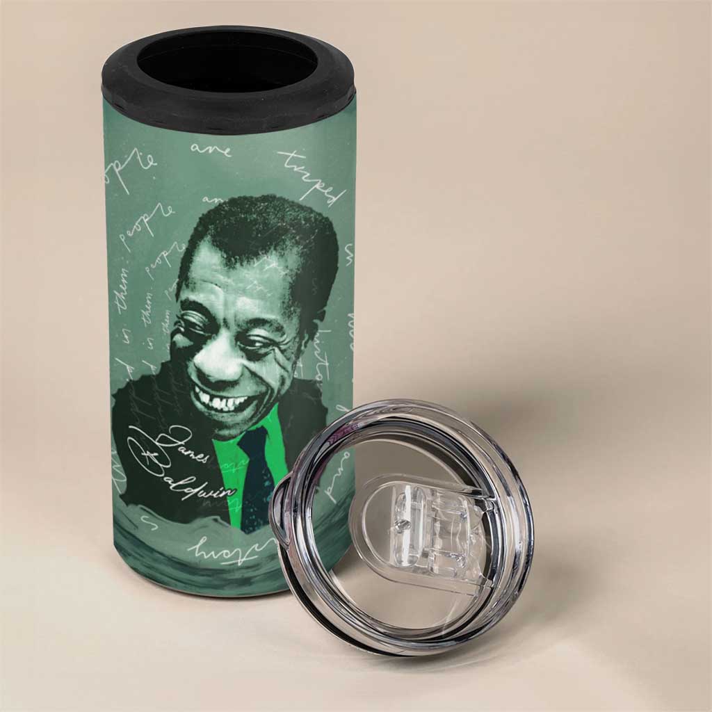 James Baldwin 4 in 1 Can Cooler Tumbler Green Handwritten Script Design Smiling Portrait Civil Rights and Literature - African Pride