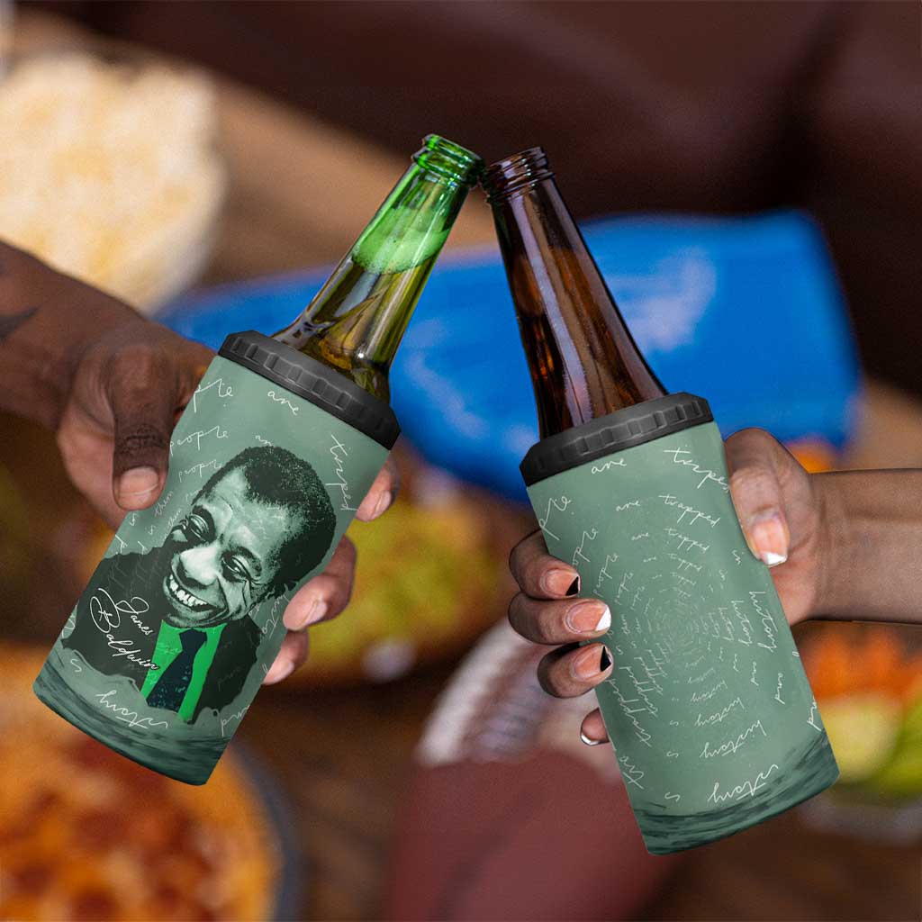 James Baldwin 4 in 1 Can Cooler Tumbler Green Handwritten Script Design Smiling Portrait Civil Rights and Literature - African Pride