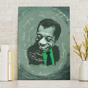 James Baldwin Canvas Wall Art Green Handwritten Script Design Smiling Portrait Civil Rights and Literature - African Pride