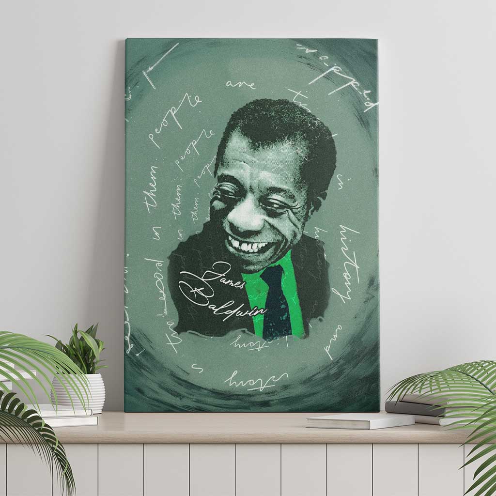 James Baldwin Canvas Wall Art Green Handwritten Script Design Smiling Portrait Civil Rights and Literature - African Pride